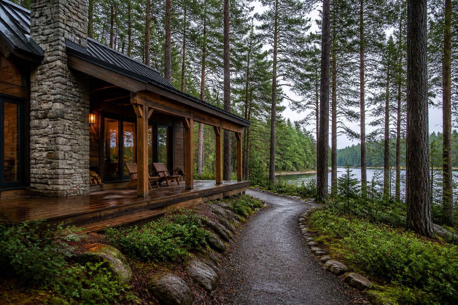 入林小屋的木质露台与雨后森林小径