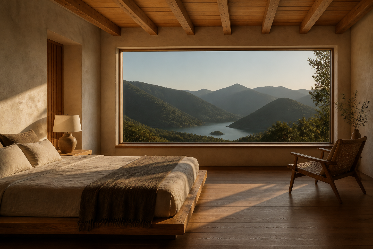 见山小屋内的木质卧室与山湖景观